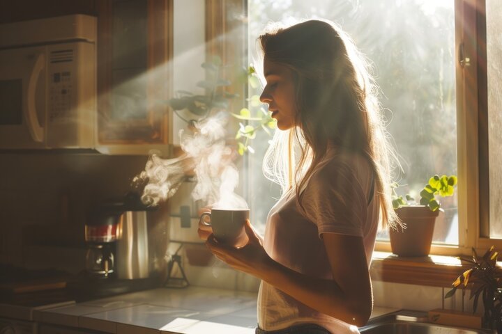 A woman enjoying a warm drink while basking in morning sunlight in a cozy kitchen filled with greenery